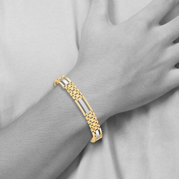 Men's 9.25mm 14k Two Tone Gold Polished & Satin Link Bracelet, 8.5 In - Picture 4 of 6